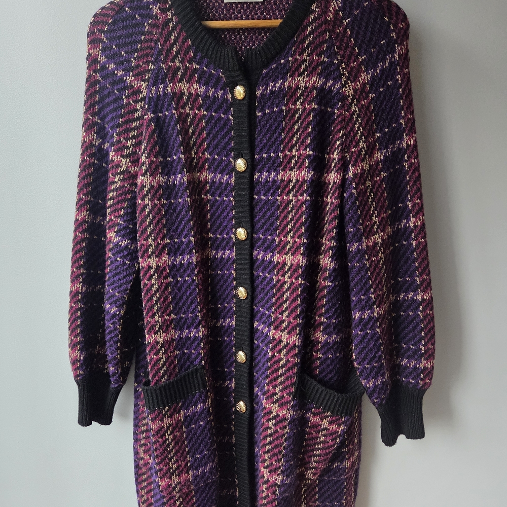 Aquascutum London Black and Purple Plaid Cardigan
